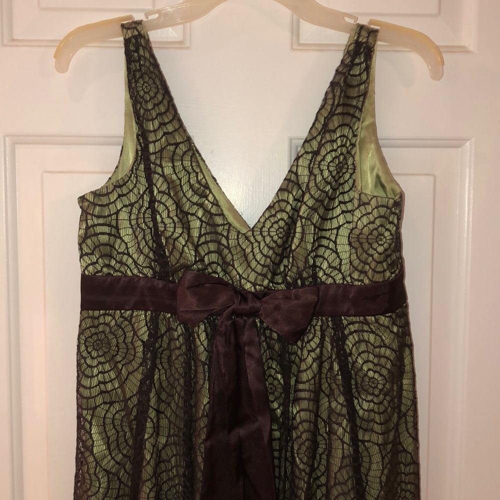 Green Satin with Chocolate Lace Empire Dress